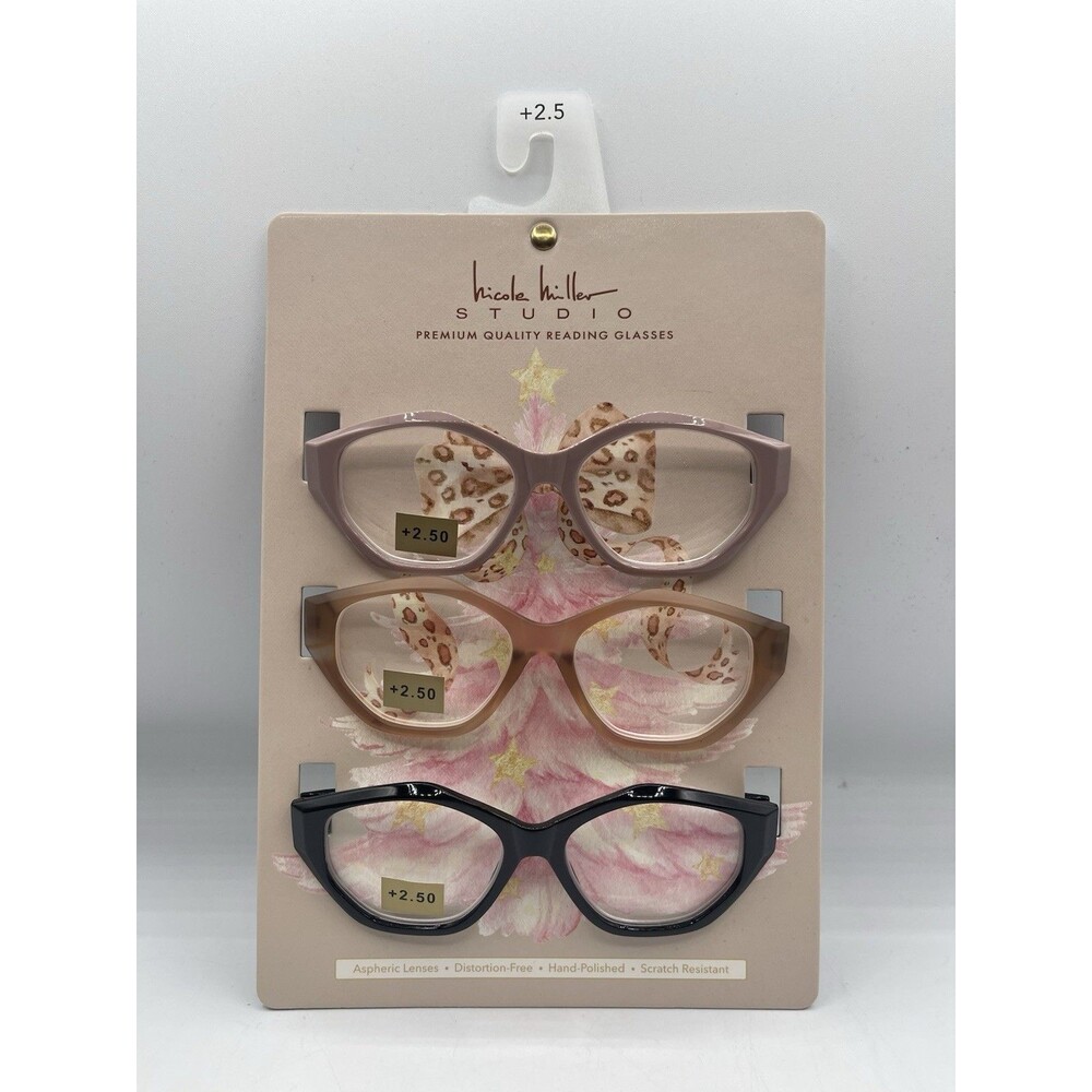 NICOLE MILLER STUDIO 3-Pack Round Geometric Reading Glasses +2.50 Strength NEW